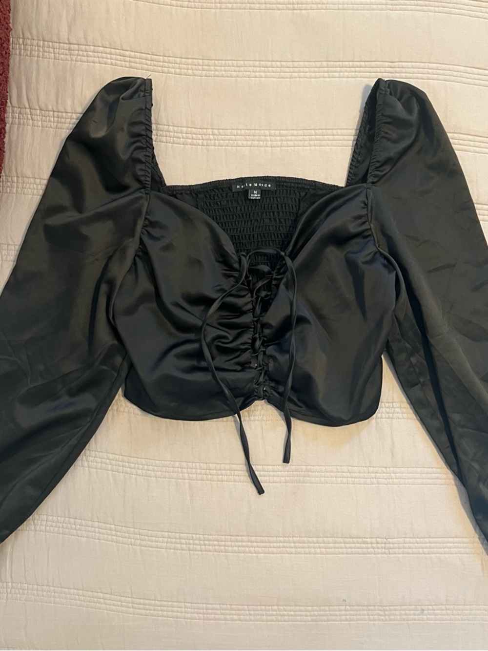 Haute Monde Black Satin Lace-Up Puff Sleeve Crop Top Milkmaid Goth